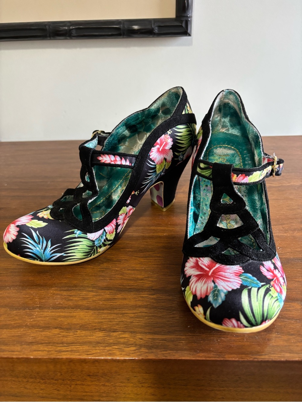 Floral Black Mary Jane Heels with Tropical Print